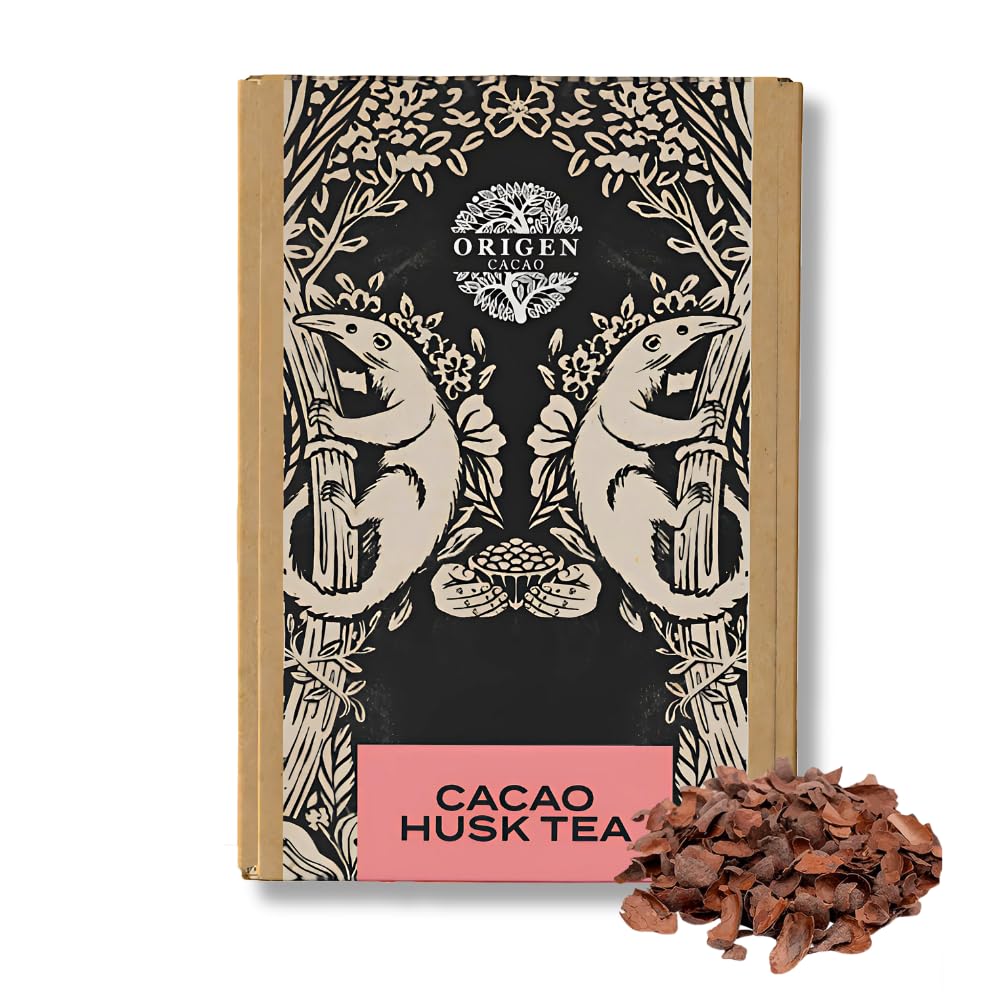Origen Cacao Husk Tea cup with steam, caffeine-free and antioxidant-rich chocolate flavor.