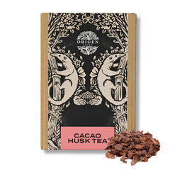 Origen Cacao Husk Tea cup with steam, caffeine-free and antioxidant-rich chocolate flavor.
