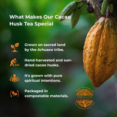 Origen Cacao Husk Tea packaging showing zero sugar and caffeine-free wellness.