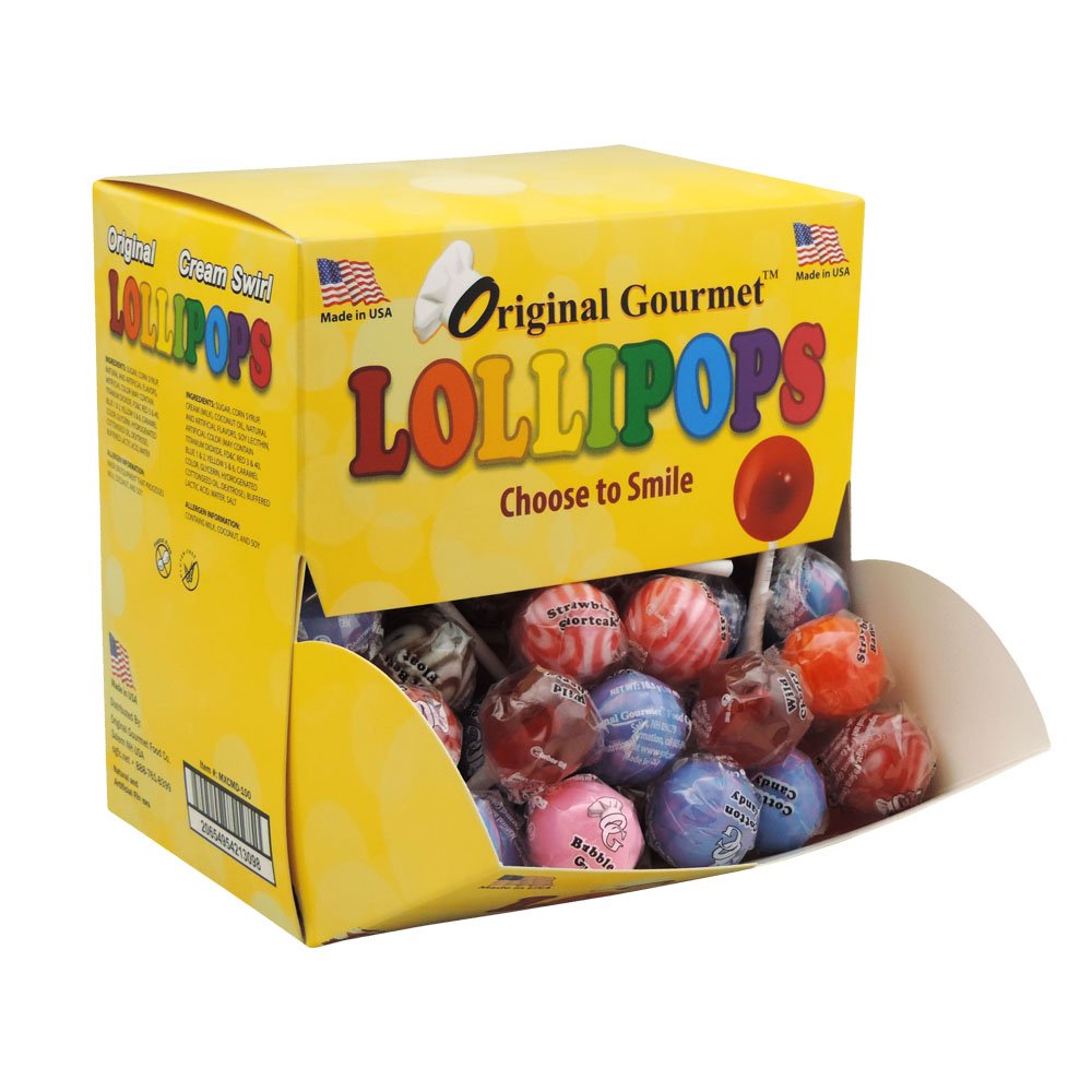 Original Gourmet Change Maker mini cream swirl lollipops in a box, ideal for party favors.