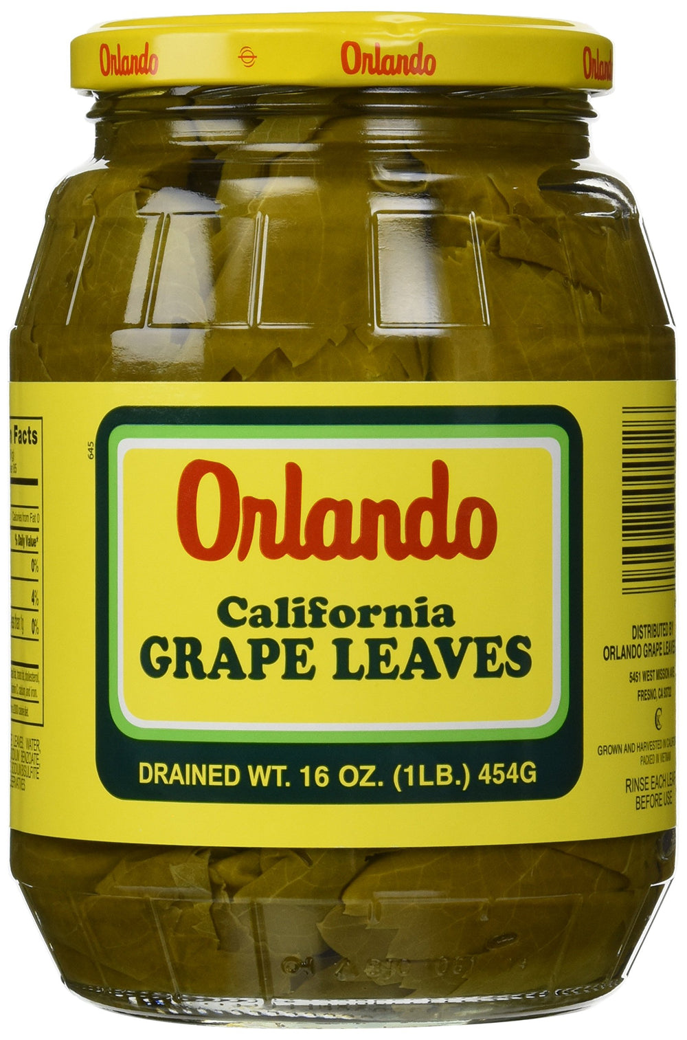 Orlando California grape leaves jar closeup, ideal for wrapping flavorful fillings.