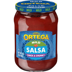 Ortega Mild Thick and Chunky Salsa bottle ready for dipping and snacking