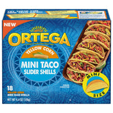 Ortega mini taco shells yellow corn box front for family meals.