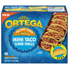 Ortega mini taco shells yellow corn box front for family meals.