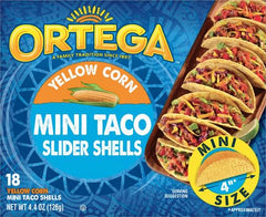 Ortega mini taco shells yellow corn served on platter for quick meals.
