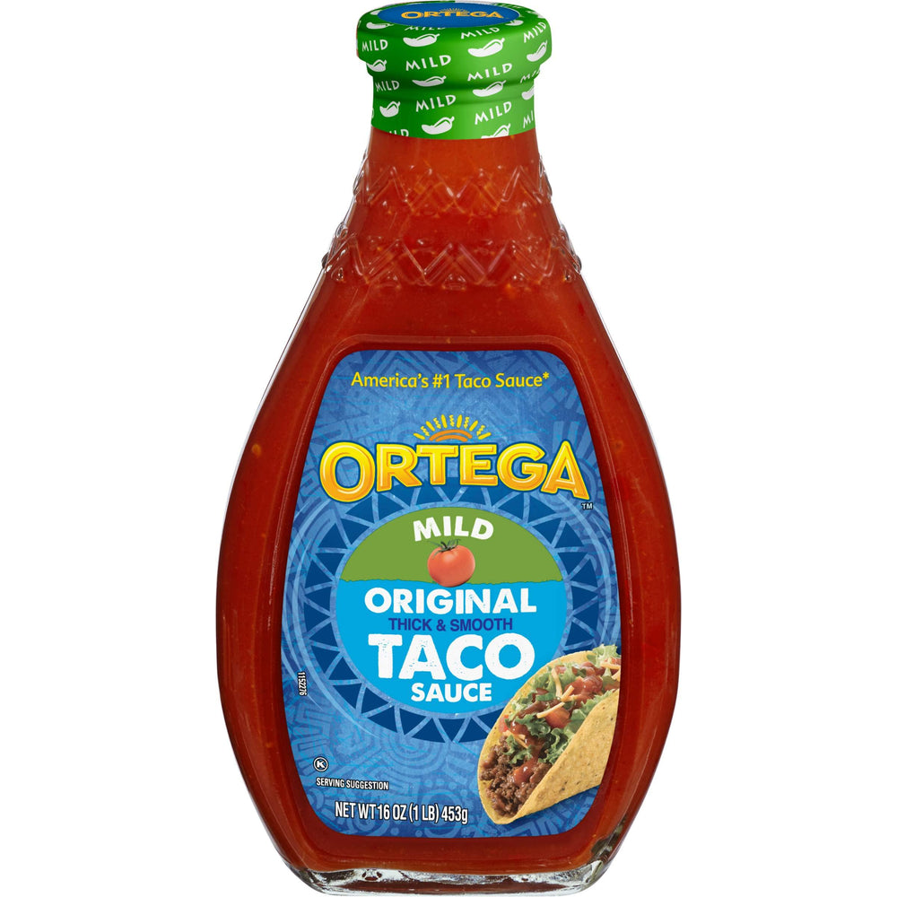 Ortega Original Taco Sauce Mild bottle pouring for tacos and dips.