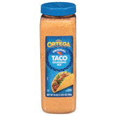 Ortega taco seasoning bottle close-up for authentic taco flavor.