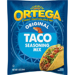 Ortega Taco Seasoning Pack 1oz 12ct on pantry shelf, ready for taco night.