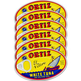 Ortiz white tuna in olive oil can close-up, premium protein for salads
