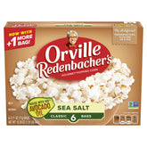 Orville Redenbacher's avocado oil sea salt packaging front, six-count box for convenient snacking.