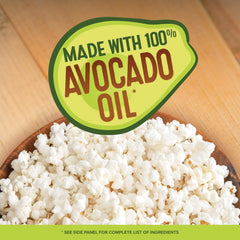 Orville Redenbacher's avocado oil microwave bag during pop, aroma rising.