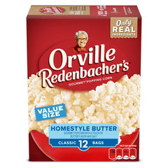 Orville Redenbacher's Homestyle Butter popcorn box with 12-count bags for quick snacking.