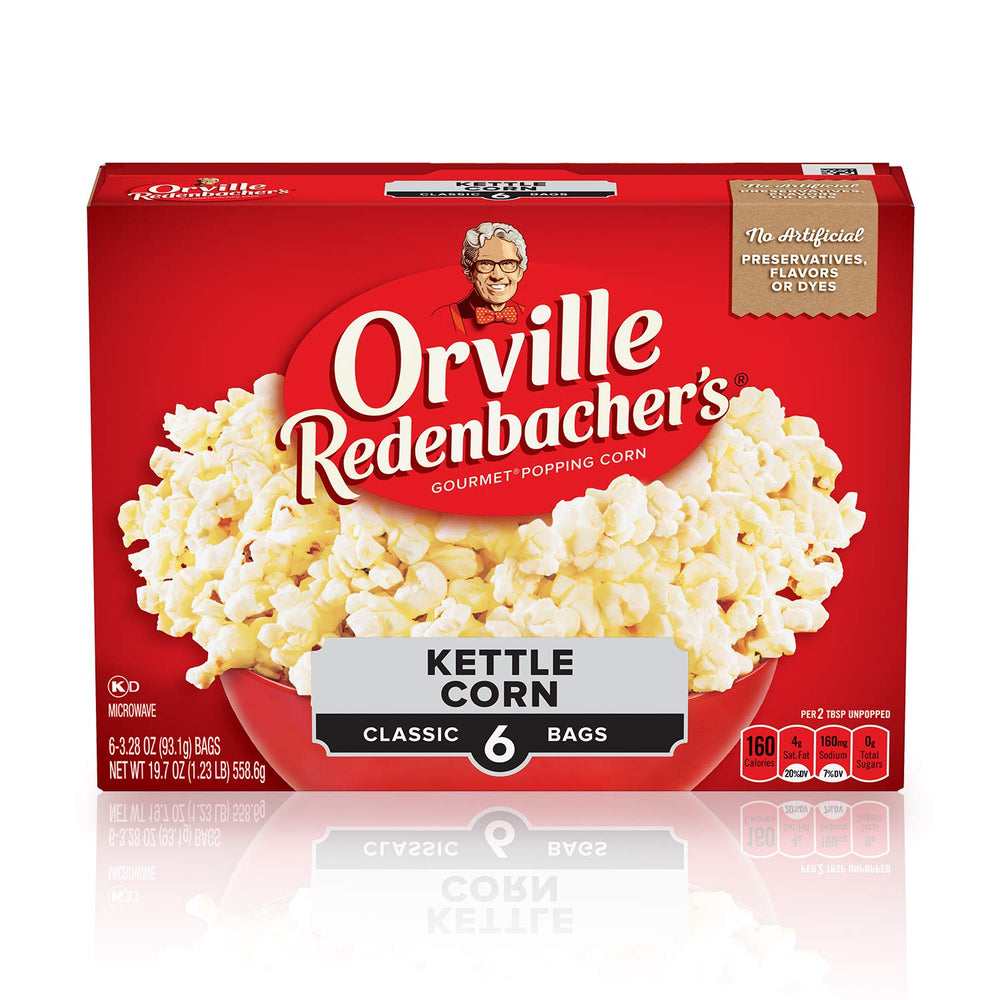 Orville Redenbacher's Kettle Corn microwave popcorn bags, six-pack for easy family snacking.