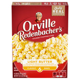 Orville Redenbachers light butter popcorn bag showing six-pack box for a lighter snack.