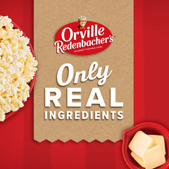 Orville Redenbacher's microwave popcorn pouring from tub for quick snack.