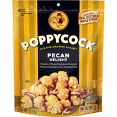 Orville Redenbacher's Poppycock Pecan Delight bag shows fluffy popcorn with pecans in a buttery glaze.