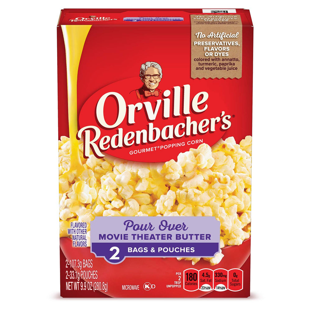 Orville Redenbacher's Pour Over popcorn bag showcasing movie theater butter flavor for at-home cinema nights.