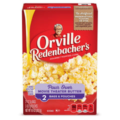 Orville Redenbacher's Pour Over popcorn bag showcasing movie theater butter flavor for at-home cinema nights.