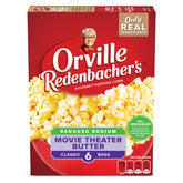 Orville Redenbacher's reduced-sodium popcorn box showing six microwavable bags, great for movie night with less sodium.