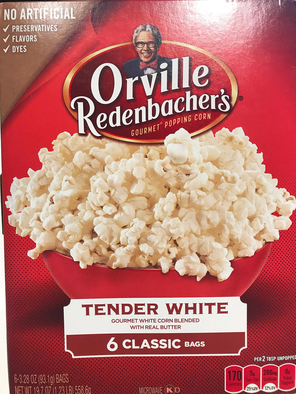 Orville Redenbacher's Tender White Classic popcorn in a 19.7 oz bag, gluten-free and non-GMO.