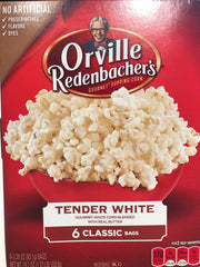 Orville Redenbacher's Tender White Classic popcorn in a 19.7 oz bag, gluten-free and non-GMO.