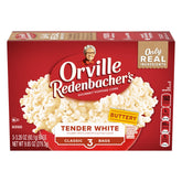 Orville Redenbacher's Tender White popcorn box with premium whole grain kernels for a wholesome snack