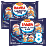 Osem Bamba peanut butter puffs in a 16-pack front display, grain-free protein snack for kids.