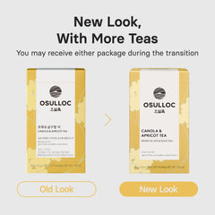 Osulloc Canola & Apricot tea packet packaging highlighting premium Jeju blend and easy-tea bag use.