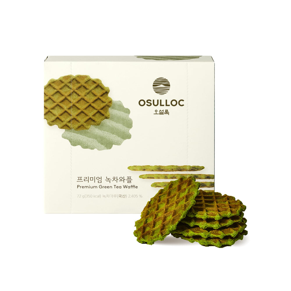 Osulloc Premium Green Tea Waffles packaging showcases individual sachets for crisp freshness.