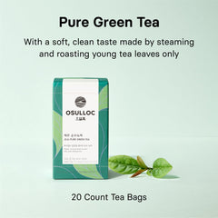 Osulloc Pure Green Tea leaf closeup shows fresh Jeju leaves and vibrant color.