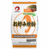 Otafuku Okonomiyaki Flour bag on a kitchen counter ready for authentic Osaka-style pancakes at home.