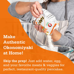 Toppings and ingredients ready to customize with Otafuku Okonomiyaki Flour.