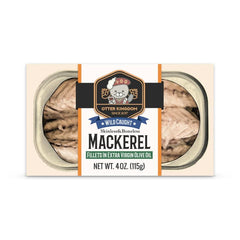 Otter Kingdom European mackerel fillets in EVOO, 4 oz portions neatly arranged.
