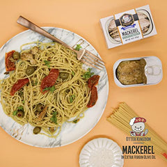 Otter Kingdom European mackerel fillets in EVOO bottle and labeling.
