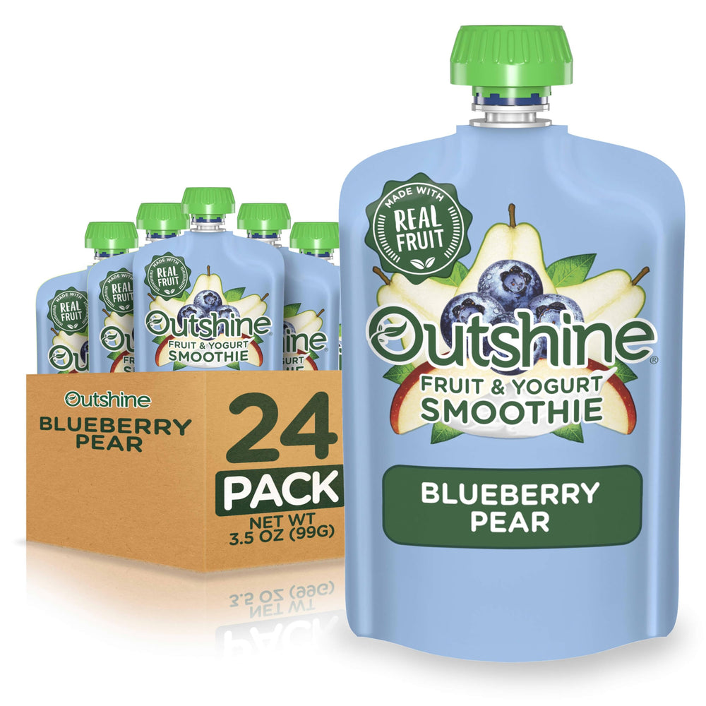 Outshine fruit yogurt smoothie blueberry pear pouch packaging with 24-pack for convenient snacking