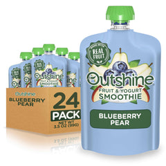 Outshine fruit yogurt smoothie blueberry pear pouch packaging with 24-pack for convenient snacking