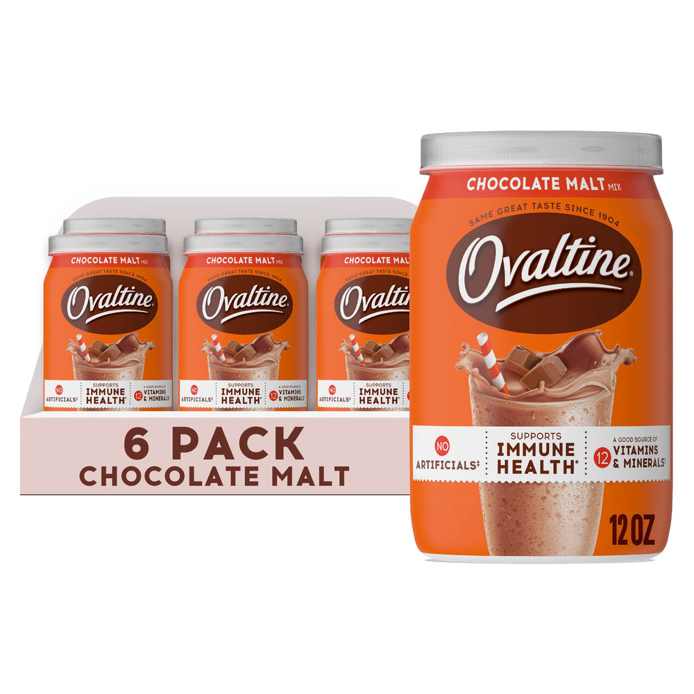 Ovaltine chocolate malt powder canister on shelf, tasty nutrition with vitamins.