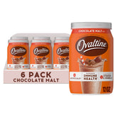 Ovaltine chocolate malt powder canister on shelf, tasty nutrition with vitamins.