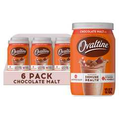 Ovaltine chocolate malt powder canister on shelf, tasty nutrition with vitamins.