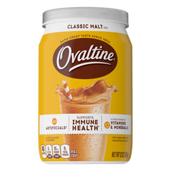 Ovaltine Classic Malt canister on shelf ready for family malt drinks.