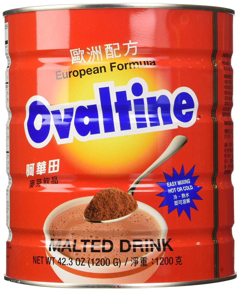 Ovaltine malt beverage mix 1200g being poured into a mug for a cozy drink