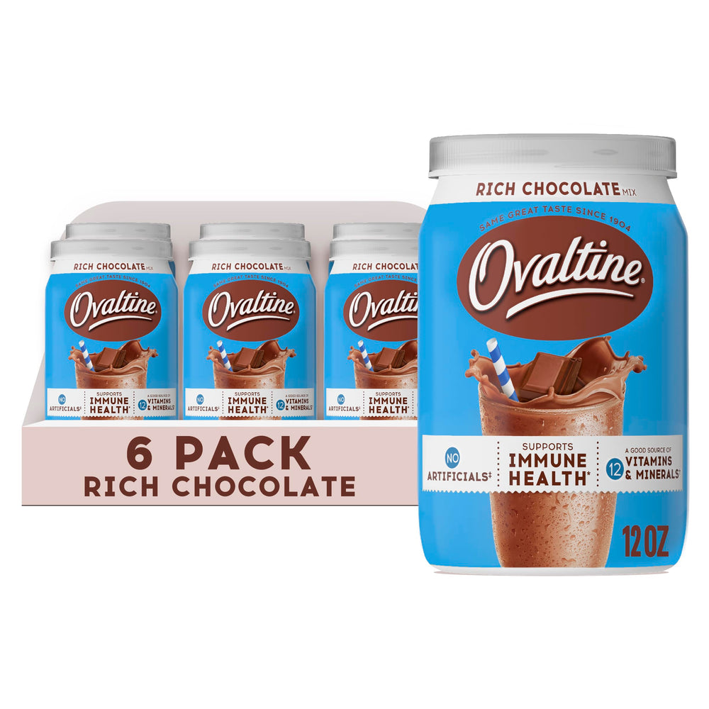Ovaltine Rich Chocolate front view of 12oz tub for family breakfasts