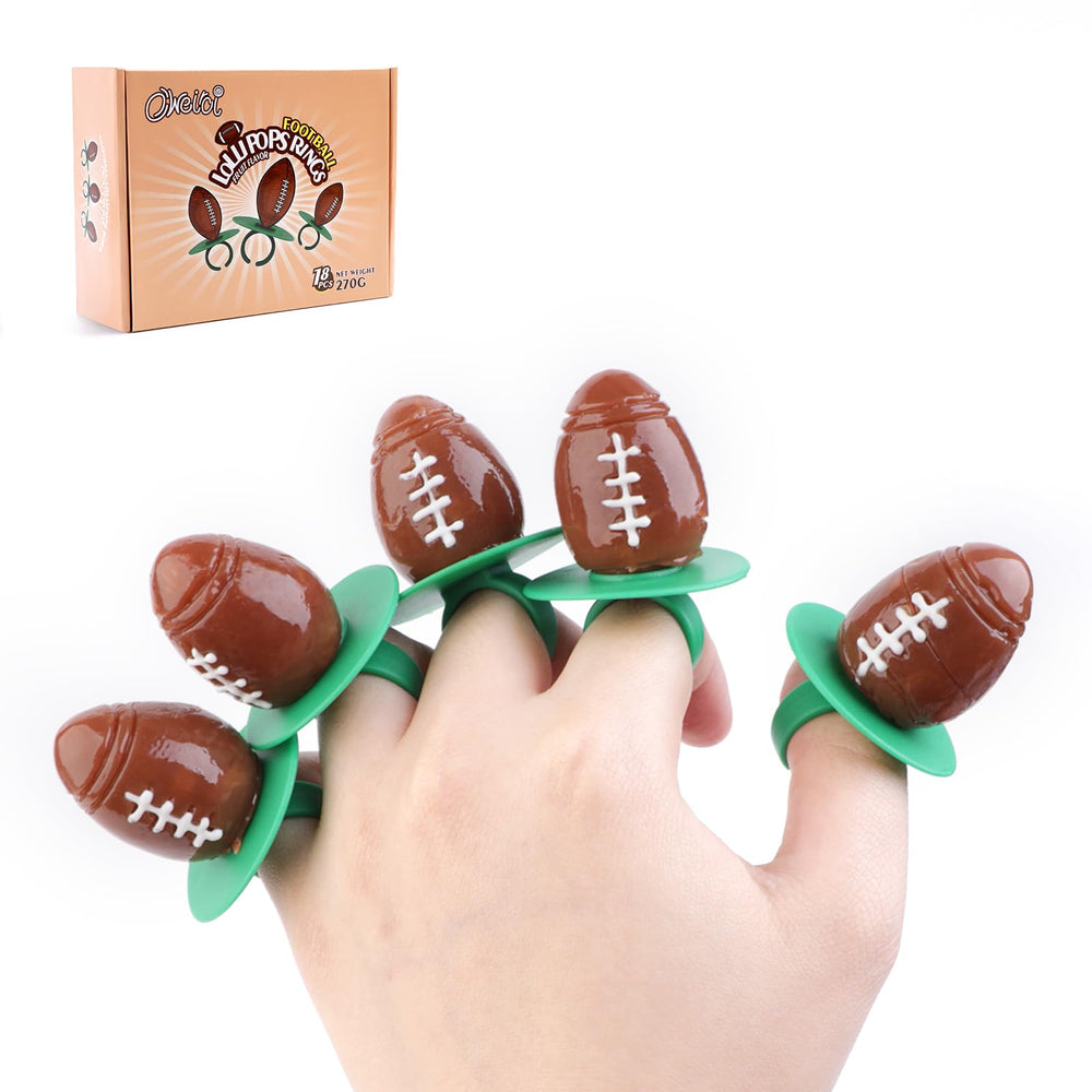 Oweiroi football ring lollipops in packaging highlight portability and freshness.