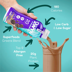 OWYN Cookies N Creamless label closeup highlighting vegan protein with essential amino acids.