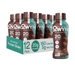 OWYN dark chocolate protein shake pour shows smooth, dairy-free flavor for post-workout recovery