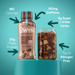 OWYN Double Shot Vanilla Latte cup highlights plant protein and zero sugar for a clean pick-me-up