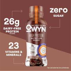 OWYN High Protein Shake chocolate nutrition facts emphasize 26g protein and 23 vitamins