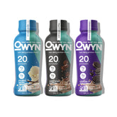 OWYN vanilla protein shake bottle showing plant-based protein for active days