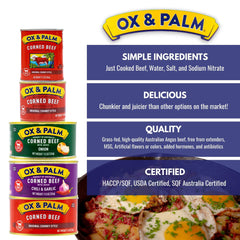 Ox & Palm corned beef can front emphasizes ready-to-use canned meal base.