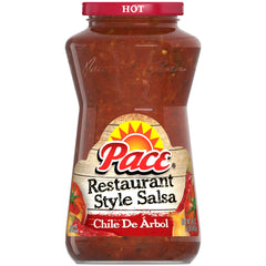 Pace Chile de Arbol Hot Salsa jar adds bold heat to meals.